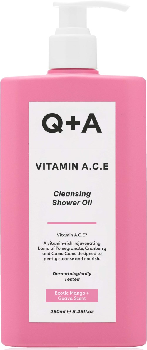 Pinkflasche mit Q+A Vitamin C, A, E Reinigungs-Duschöl mit Mango und Guaven Duft, 250ml.
