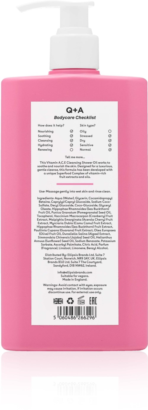 Eine pinke Flasche mit weißem Pumpaufsatz, wahrscheinlich eine Lotion- oder Seifenspender, mit einem Etikett mit Anweisungen und Inhaltsstoffen.