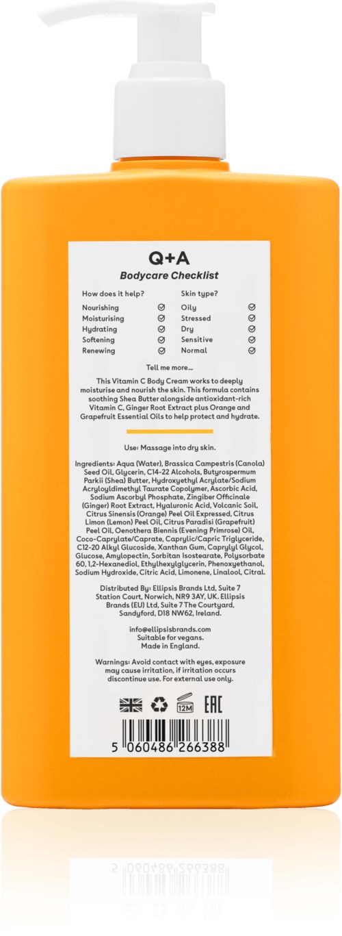 Orange flaska med pump och en etikett med checklista och ingredienser.