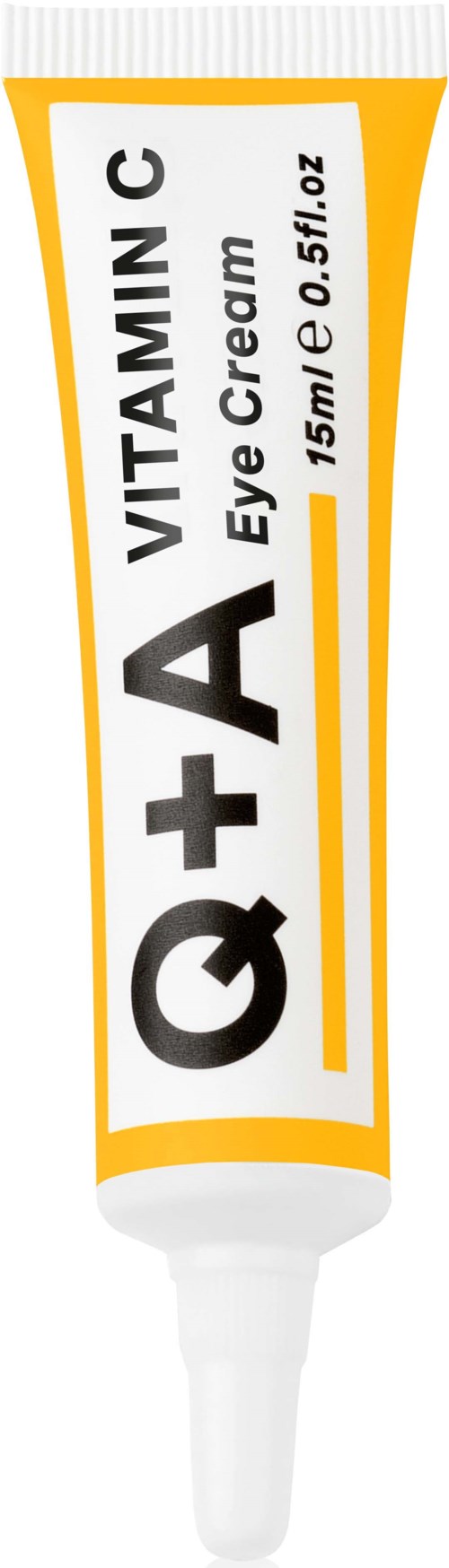 A tube of eye cream labeled with vitamin C, Q+A, and 15ml size.