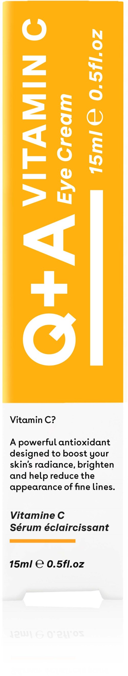 A bright orange and white tube labeled 'Q+VITAMIN C' for eye care, with product details and benefits.