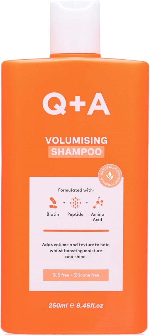 Orangene Shampooflasche mit dem Label 'Q+A Volumising Shampoo' und Inhaltsstoffe Biotin, Peptid, Aminosäure, und erwähnt silikonfrei.