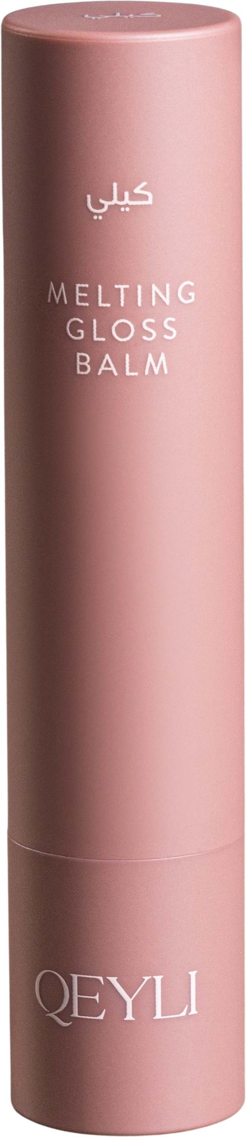 En rosa cylindrisk förpackning märkt Melting Gloss Balm och Qeyli, med en enkel och ren design.