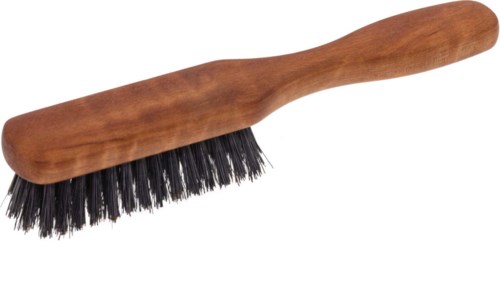 A cleaning brush with a wooden handle and black bristles used for scrubbing surfaces.