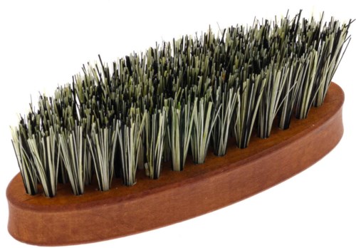 A wooden shoehorn with metal bristles, resembling a brush, used for cleaning or brushing shoes.
