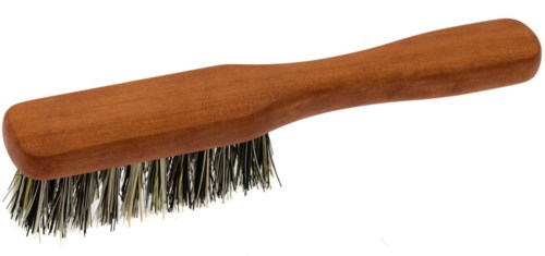 A cleaning brush with a wooden handle and metal bristles.