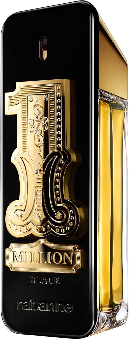 En parfymflaska med svart och guld design, med varumärkesnamnet Rabanne och doftnamnet Million Black.