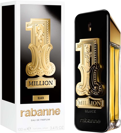 Förpackning och mobilskal för Rabanne 1 Million Black parfym, med gulddesign och varumärke.