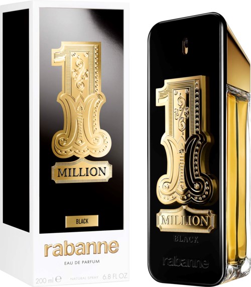 Rabanne Black Million hajuvesipakkaus ja pullo kultaisin koristeluin ja mustalla taustalla.
