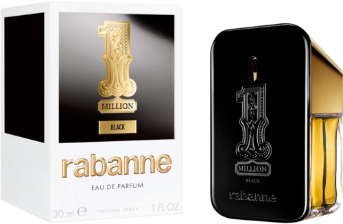 En parfymflaska i svart med gulddetaljer och en box med guld- och vitdesign för Rabanne Million Black.