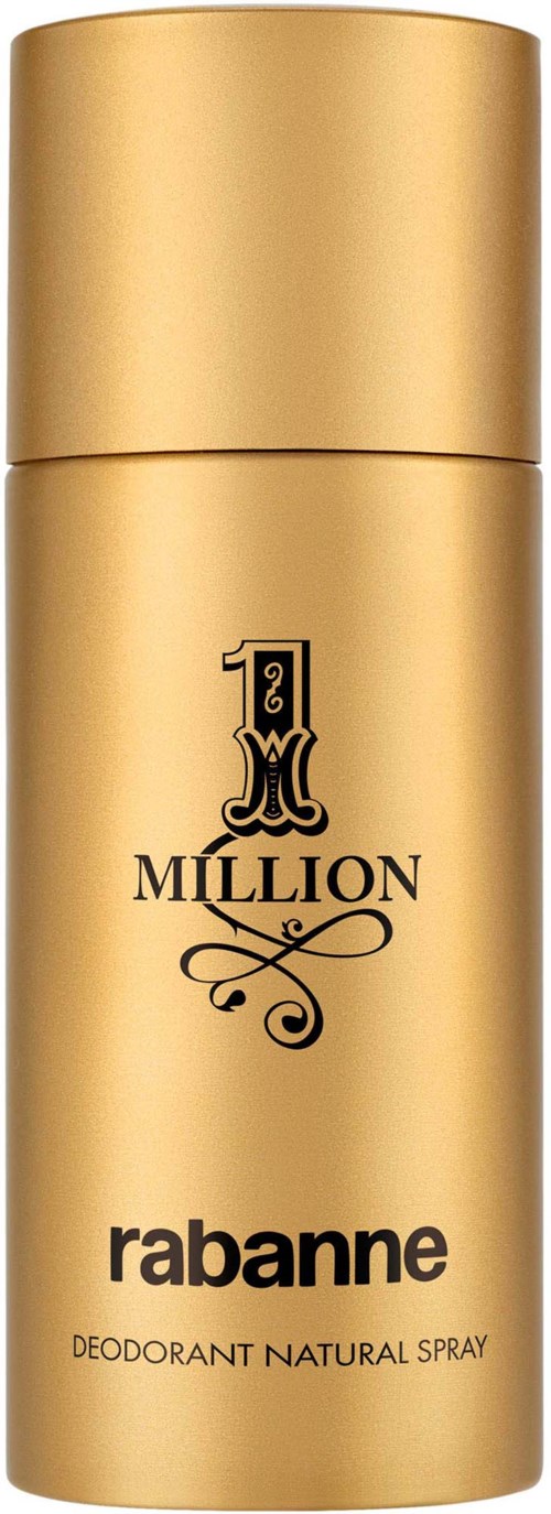 Eine goldene Spraydose mit Rabanne-Deodorant mit der Aufschrift '1 Million' in Schwarz.