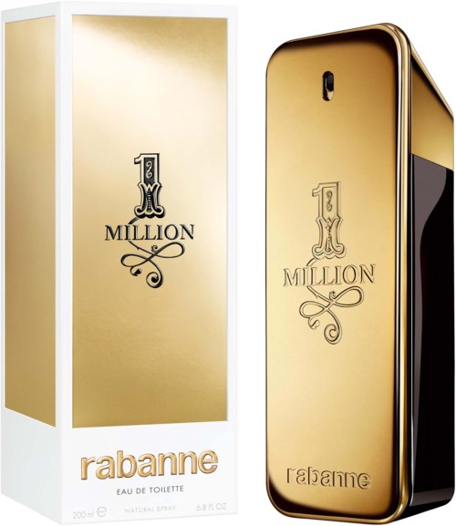 A gold-colored perfume bottle and box with '1 MILLION' logo and 'rabangne' branding on the box.