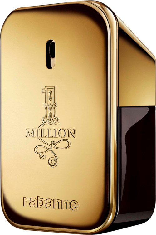 Kultainen hajuvesipullo Rabanne 1 Million -logolla ja koristellulla tekstillä.