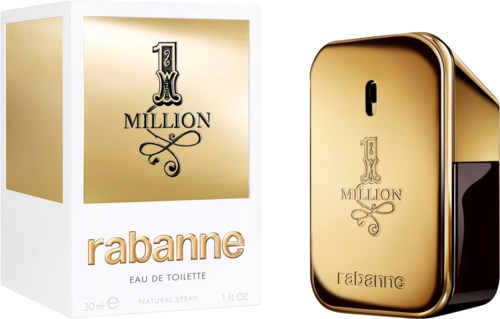Kultainen hajuvesipullo ja rasia, etiketti lukee Rabanne 1 Million.