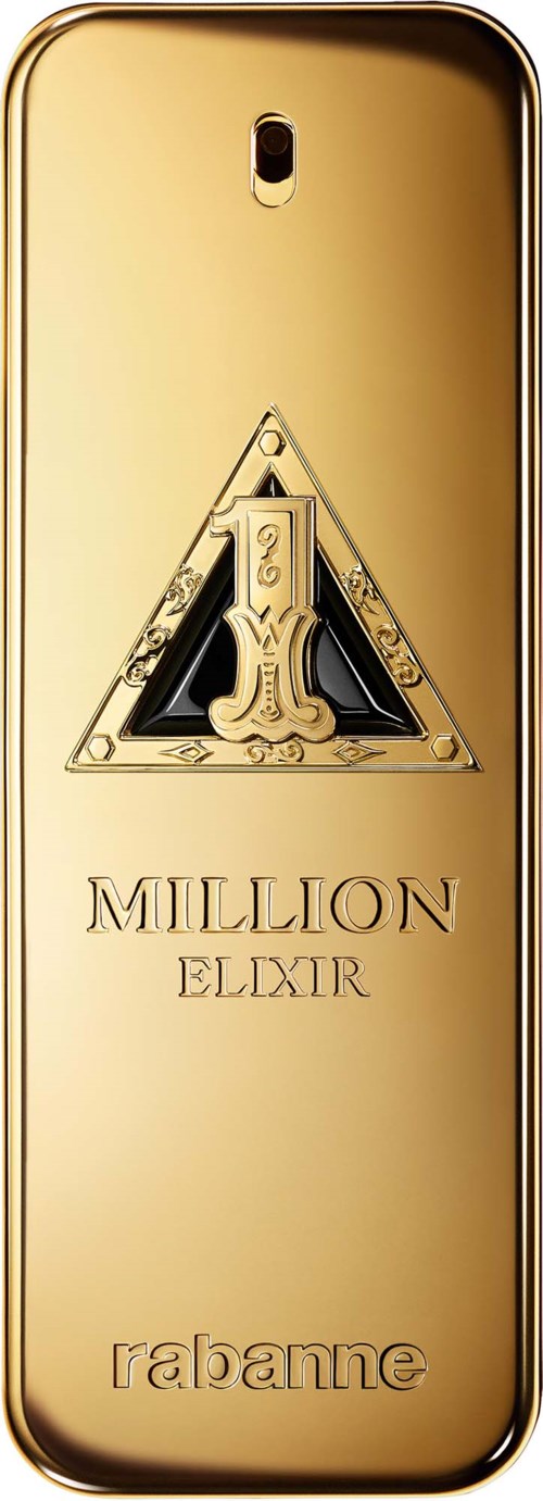 Ein Goldbarren mit den Worten Million Elixir und Rabanne und einem Dreieckssymbol mit der Zahl eins.