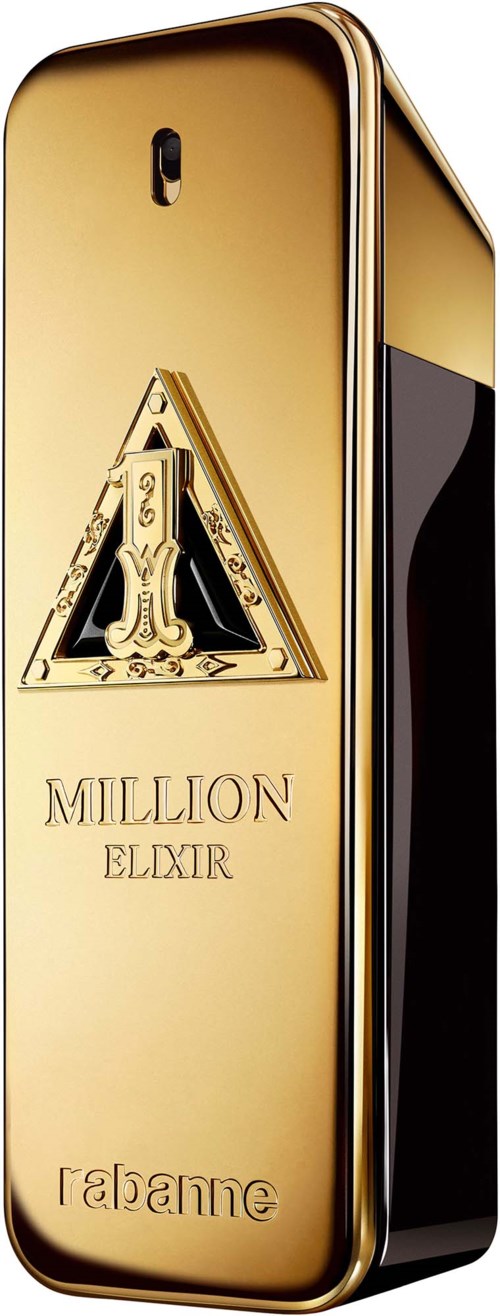 Eine goldene Parfümflasche mit einem dreieckigen Logo und den Worten "Mullion Elixir".