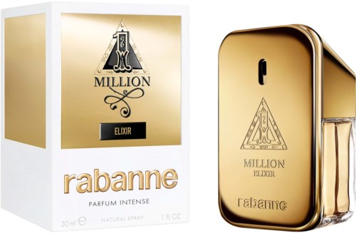 Gullfarget parfymeflaske og eske for Rabanne Million Elixir. Esken er hvit med gulldetaljer og tekst.