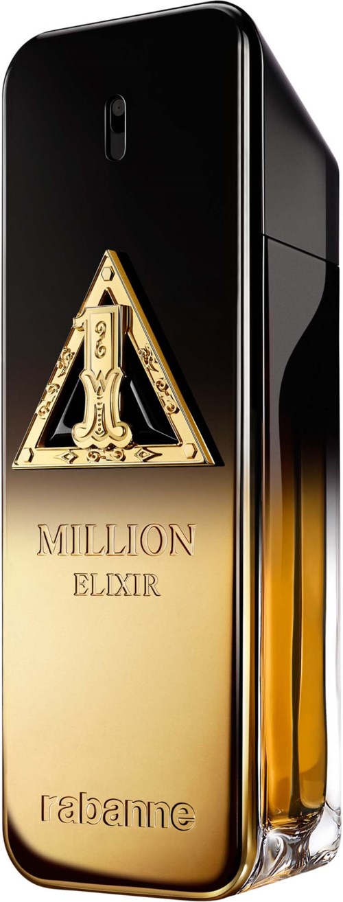 Ein Parfümflasche mit schwarzem Deckel, goldenem Etikett und den Worten 'Million Elixir' und 'Lancome'.