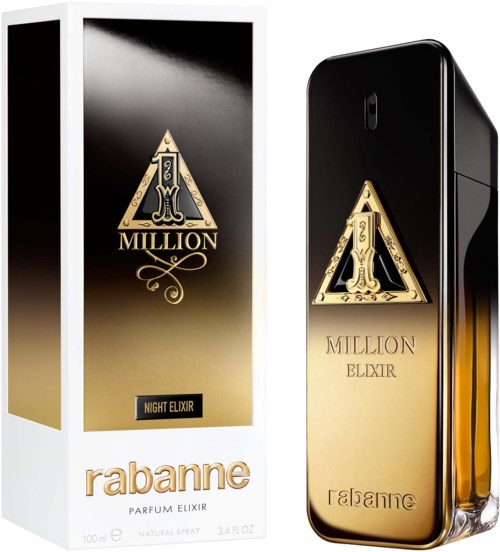 Ein Luxusparfümflasche und -box mit Gold- und Schwarzzdesign, beschriftet Million Night Elixir von Rabanne.