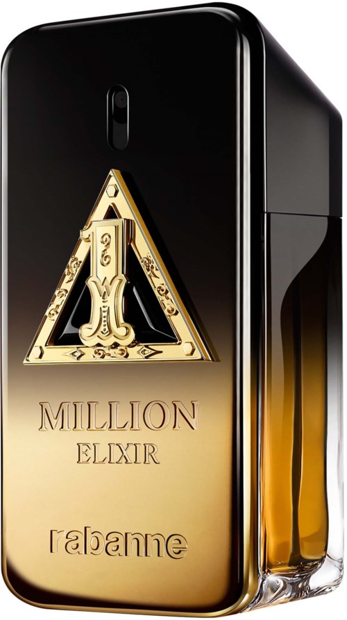 Eine schwarze und goldene Sprühflasche mit dem Etikett Rebelle Million Elixir und einem Dreieck-Logo.