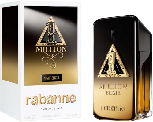 Ein Parfümflasche und Box in Schwarz, Gold und Weiß, zeigt das Label 'Million' und 'Night Elixir'.