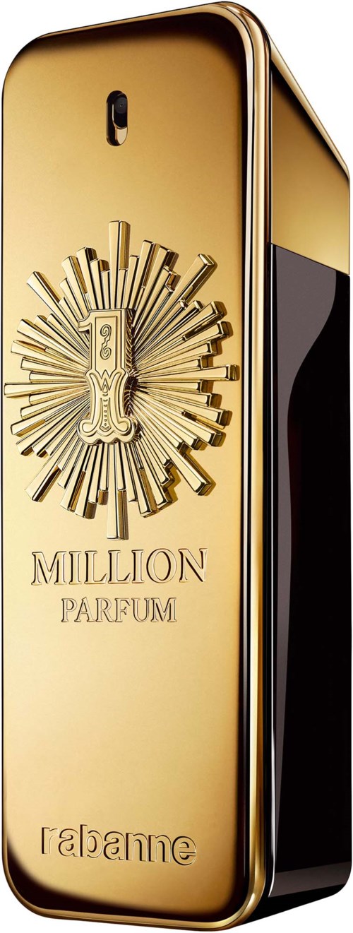 Eine goldene Luxusparfümflasche mit einem dekorativen Emblem und den Worten Million Parfum von Albane.