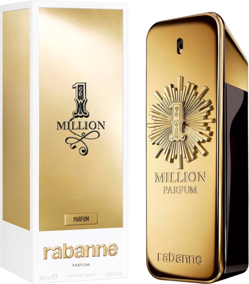 Ein Parfümflasche mit goldenem Design und einer Schachtel mit Rabanne 1 Million Parfum Branding.