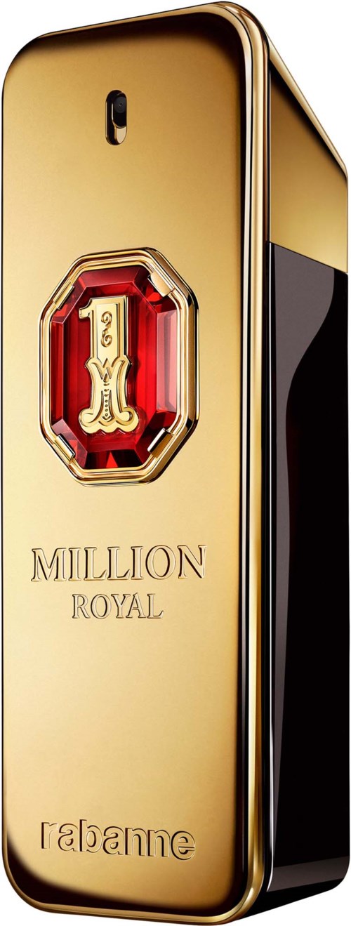 Goldfarbene Parfümflasche mit rotem und goldenem Etikett, das den Buchstaben 'L' und die Worte 'Mullion Royal' und 'Armaine' zeigt.