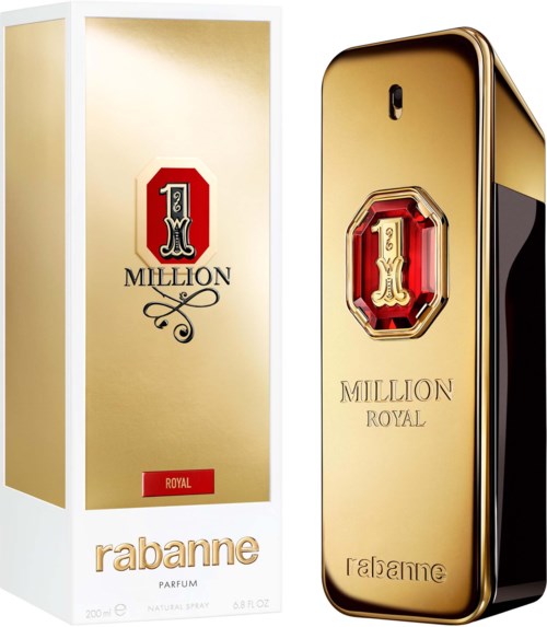 Goldfarbene Parfümverpackung und ein Telefon, das wie ein Parfümflakon aussieht. Der Name des Parfüms ist '1 Million Royal'.