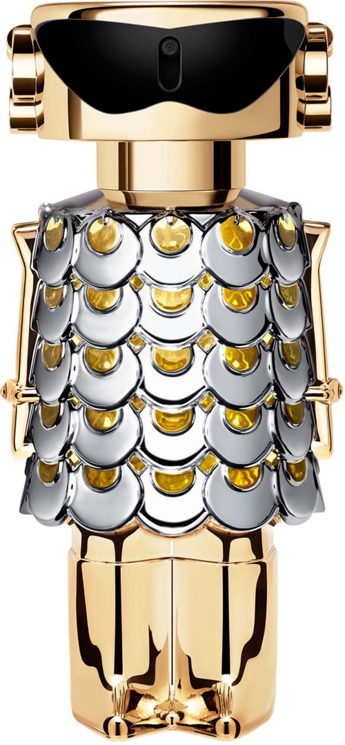 Ein Roboter mit gold- und silberfarbenem Körper, trägt Sonnenbrille und sieht aus wie ein Fisch mit Schuppen.