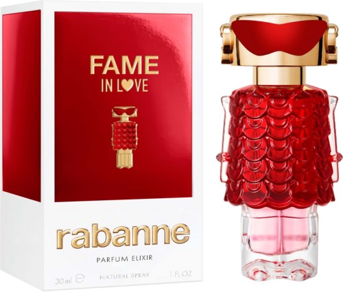 Ein Parfümflasche, die wie eine Frau mit rotem, gemustertem Kleid und goldener Oberseite geformt ist, neben einer roten und goldenen Schachtel.