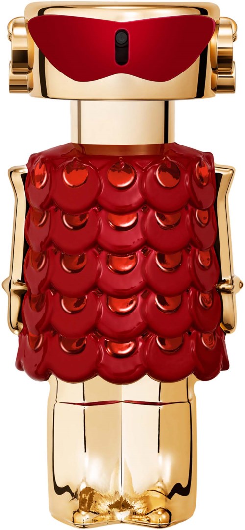 Ein goldener Roboter in rotem, glänzendem Fischschuppen-Outfit mit roter Augenmaske.