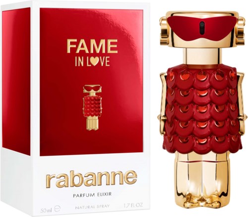 Ein Parfümflasche und eine Verpackung namens Rabanne Fame, gestaltet mit einem roten und goldenen Spielzeugroboter-Thema.