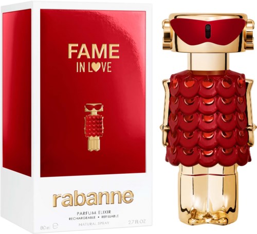 Ein Parfümflasche in Robot-Form mit Rot- und Gold-Design, neben einer roten Box.