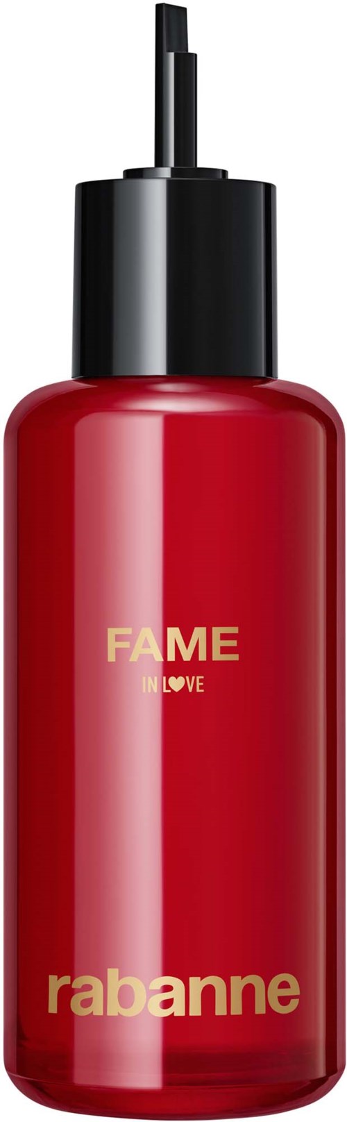 Eine rote Flasche mit 'Fame' von Rabanne, schwarzer Verschluss und Pumpe, wahrscheinlich ein Parfüm oder Kosmetikprodukt.