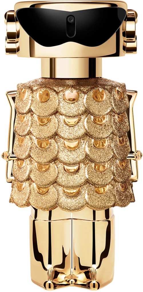 Eine Roboterfigur mit schwarzem Kopf, goldfarbenen Akzenten und einem glänzenden Kleid mit goldenen Schuppen.