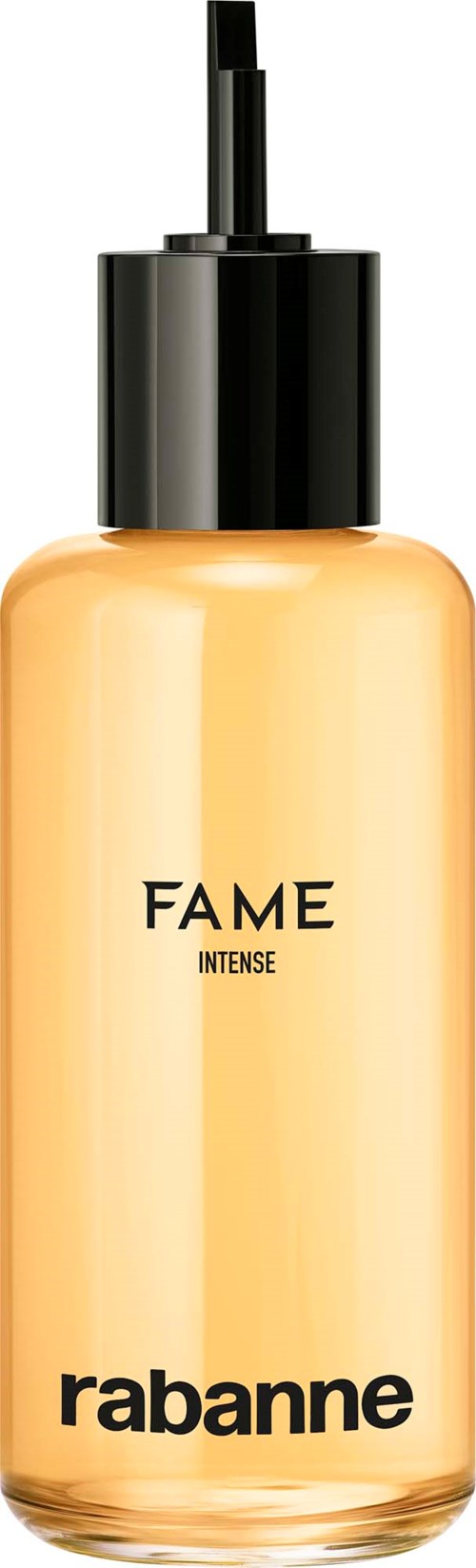 Eine Flasche mit schwarzem Pump und beige Flüssigkeit, beschriftet 'FAME INTENSE' von Rabanne.
