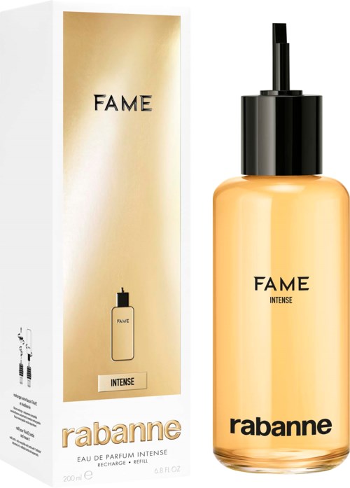 Ein Parfüfflasche und Verpackung mit der Aufschrift 'FAME' und 'INTENSE' von Rabanne, mit Gold- und Schwarzelementen.
