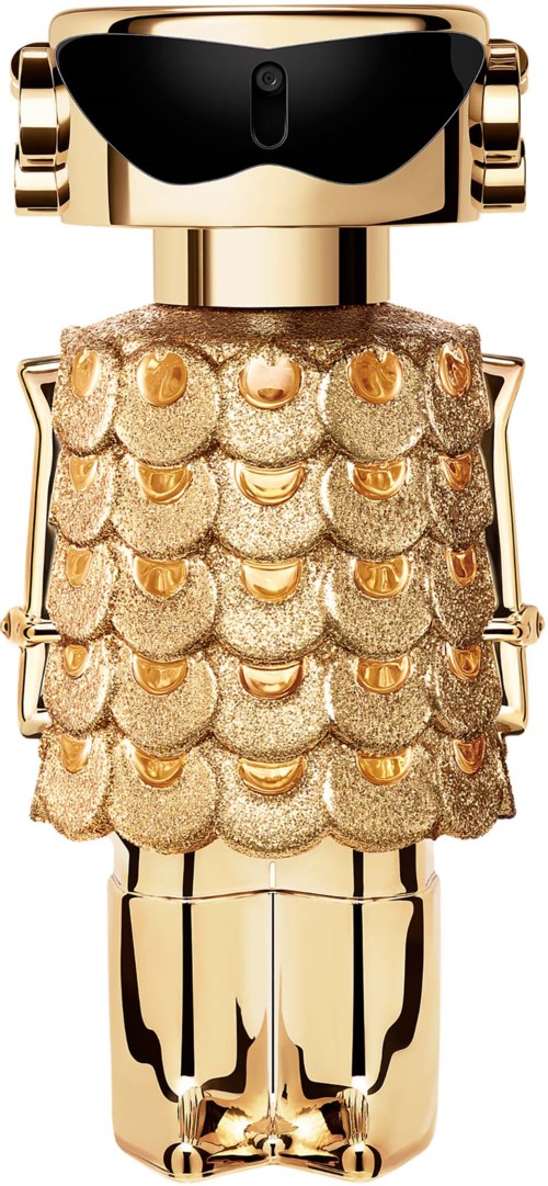 Eine als Roboter gestaltete Parfümflasche mit goldenen, glitzernden Schuppen, schwarzem Oberteil und goldenen Akzenten.