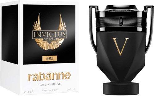 Eine Parfümverpackung in Gold und Schwarz, und eine schwarze Flasche mit einem goldenen 'V'.