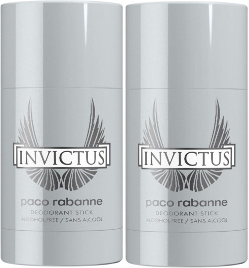 Zwei weiße Deosticks mit Logo 'Invictus' und 'paco rabanne', alkoholfrei.