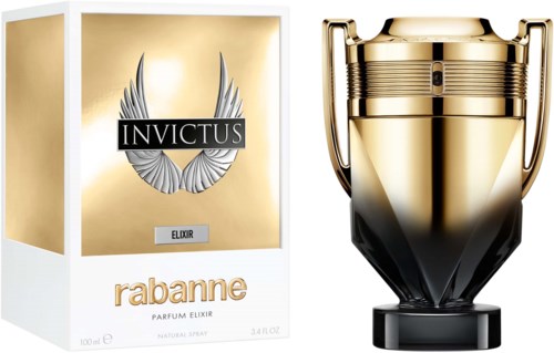 Ein Parfümflasche und -kasten in Gold und Schwarz namens Rabanne Invictus Elixir, mit Flügel-Design.