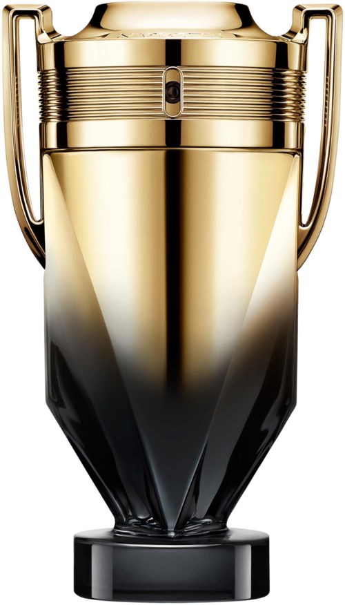 Ein goldener und schwarzer Pokal mit Griffen, glänzend und elegant, auf einem schwarzen Sockel.