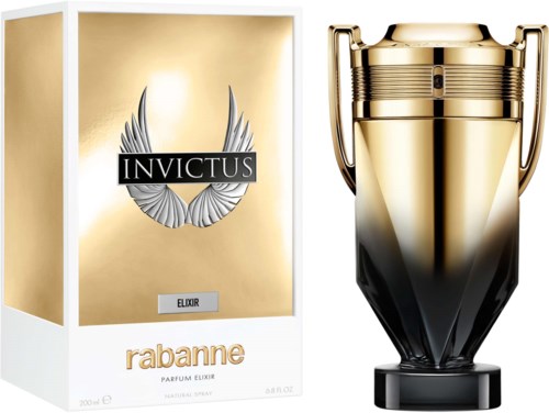 Ein Parfümflasche und Verpackung in Gold und Schwarz, mit den Labels Invictus und Rabanne, in Pokal-Form.