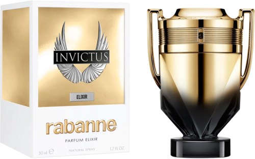 Ein Parfümbox mit Flügel-Logo, goldenen und schwarzen Pokal sowie den Worten Rabanne, Invictus und Elixir.
