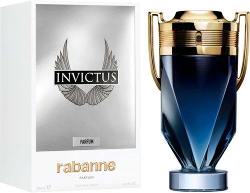 Ein Parfümflasche in Dunkelblau und Gold, neben einer weißen Box mit INVICTUS-Logo.