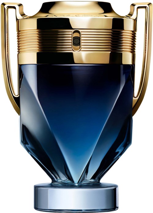 Eine Trophäe mit goldener Oberseite, blauer Mitte und schwarzem Sockel, steht für Erfolg oder Sieg.