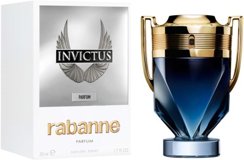 Ein Parfümflasche und eine Schachtel, beschriftet 'Invictus' und 'Rabanne', mit einem eleganten, blauen und goldenen trophäenähnlichen Behälter.