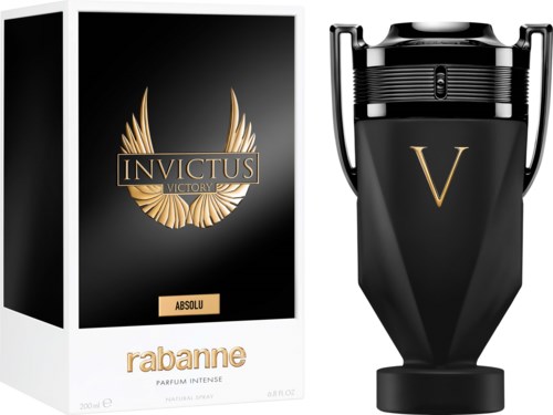 Ein Parfümflasche undSchachtel mit Schwarz- und Gold-Design, beschriftet 'Invictus' und 'Absolu', mit einem eleganten, modernen Look.