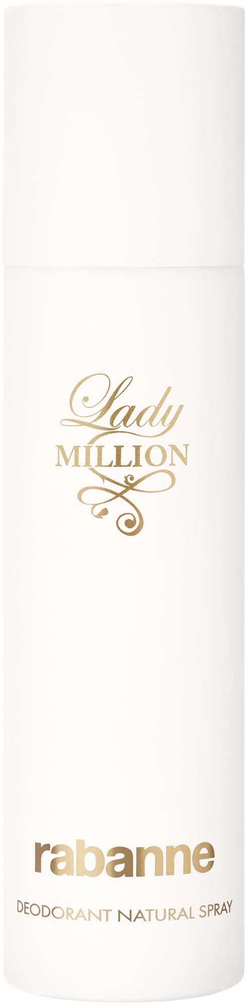 Eine weiße Sprühflasche mit der Aufschrift 'Lady Million' von Rabanne, ein natürliches Deodorant.